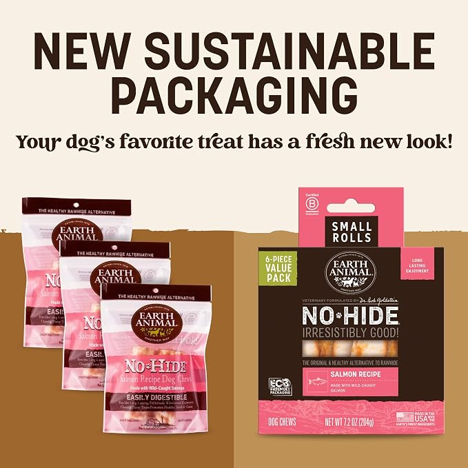 Earth Animal No Hide Chews - Long Lasting Rawhide Free Small Dog Chews Rolls, Salmon - 6 Count