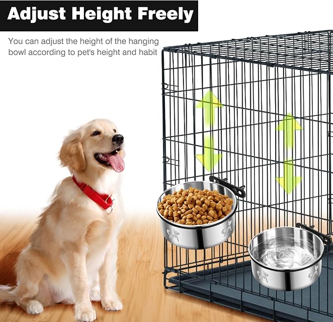 Dog Crate Water Bowl No Spill, Dog Crate Bowls Hanging 2 Pack, Kennel Water Bowl Mountable, Stainless Steel Coop Cup, Pet Cage Accessories, Food Dish Feeder for Cat Puppy Rabbit Bunny Bird Ferret