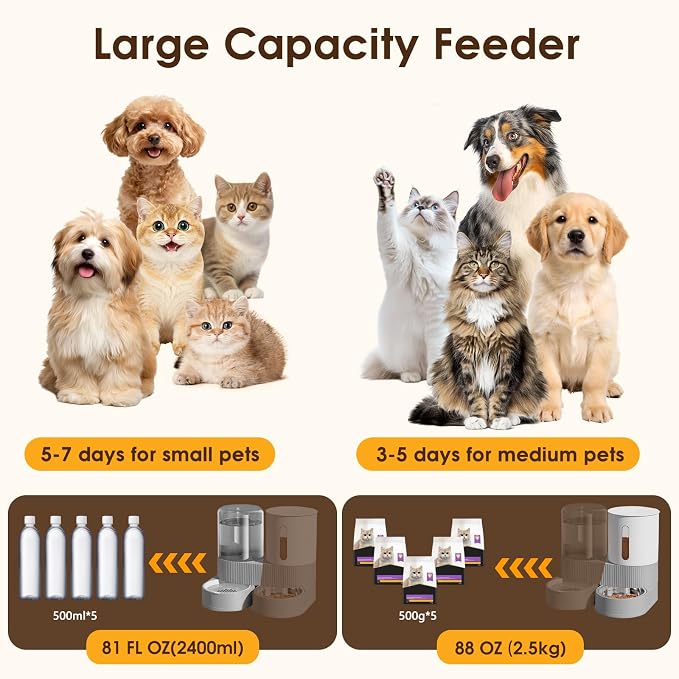 Automatic Gravity Cat Dog Feeder and Water Dispenser with 304 Stainless Steel Bowls 2 in 1 360 Degree Rotatable Auto 2.4L Dry Food and 2.6L Water Bowl for Small Medium Pet Dog Puppy Kitten (Gray)