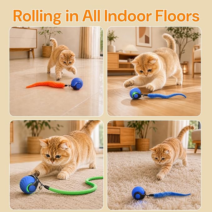Geamen Interactive Cat Toys with Bird Sounds & 3 Speed Modes, Rechargeable Automatic Moving Cat Toy with 3 Tails, Fast Charging Smart Rolling Ball for Indoor Cats to Chase Play on Hard Floor Carpet