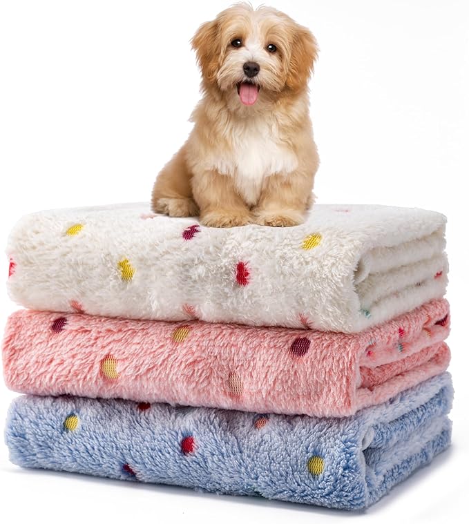 1 Pack 3 Blankets Fluffy Premium Fleece Soft Pet Blanket Flannel Throw for Cat Dog Puppy (Medium 30x20'', Dot-White/Pink/Blue)
