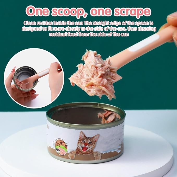 Pet Food Scoop Set 3-Pack, Long Handled Cat Food Measuring Cup with Stainless Steel Clip, Silicone Pet Can Mixing Spoon with Opener, Cute Cat Strip Feeder, Easy to Clean, Safe and Reliable