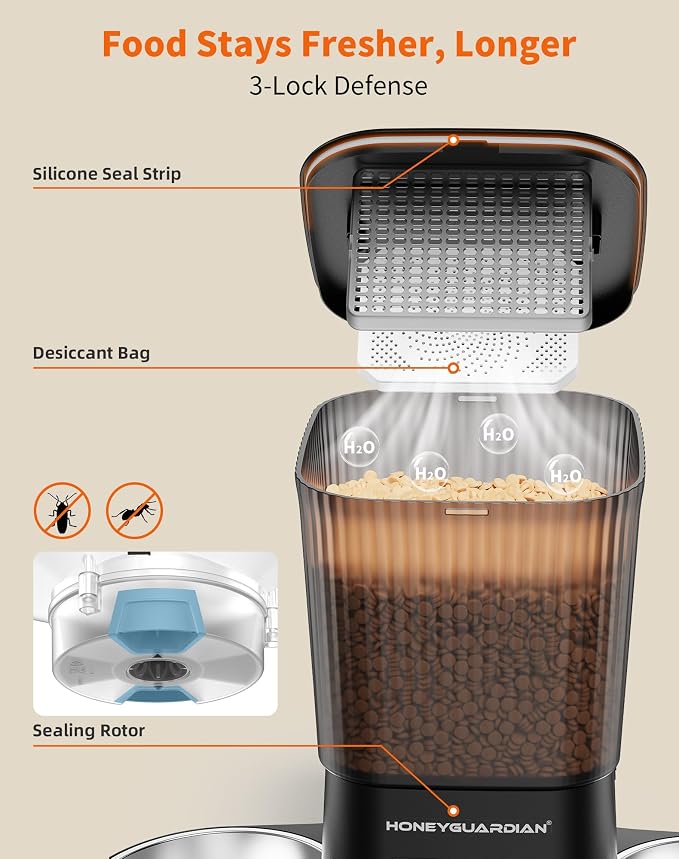 HoneyGuardian Automatic Cat Feeder for 2 Cats, Automatic Cat Food Dispenser, Timed Pet Feeder for Cats and Dogs, Desiccant Bag, Programmable Portion Control,10s Voice Recorder