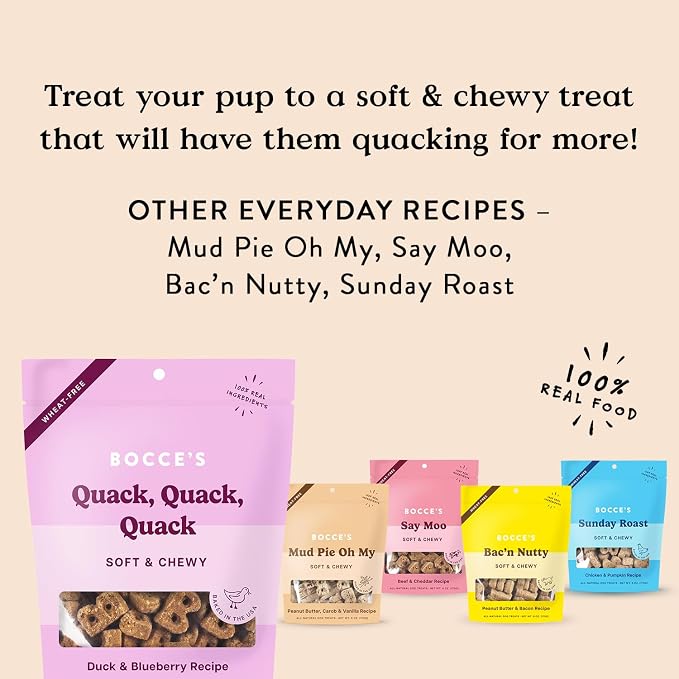 Bocce's Bakery Oven Baked Quack Quack Quack Dog Treats - Natural, Real Ingredient, Wheat-Free Soft & Chewy Cookies - Baked in The USA, Duck & Blueberry Flavor, 6 oz