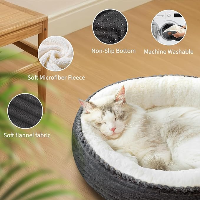 Zerbuger 20in Washable Cat Beds for Indoor Cats - Round Donut Pet Bed for Cats, Small Dogs, Puppy, Kitten - Anti-Slip Bottom, Calming Bed Gift - Dark Grey