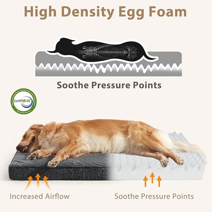 JOEJOY Orthopedic XL Dog Bed for Large Dogs, Waterproof Dog Bed for Crate with Washable Removable Cover, Extra Thick Egg-Crate Memory Foam Pet Beds, Grey, 41"x27"