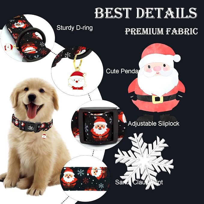 Elegant little tail Christmas Dog Collar, Santa Claus Print Pet Collar Cotton Soft Plastic Buckle Sturdy Puppy Collars Holiday Female or Male Adjustable Collar for X-Small Puppy