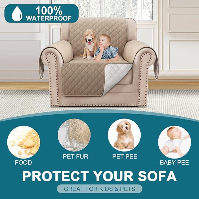 Turquoize 100% Waterproof Sofa Covers Chair Cover Slipcover Couch Protector Triple Non-Slip Sofa Slipcover for 1 Cushion Furniture Protector for Pets, Kids,Dog (Chair 23", Khaki)