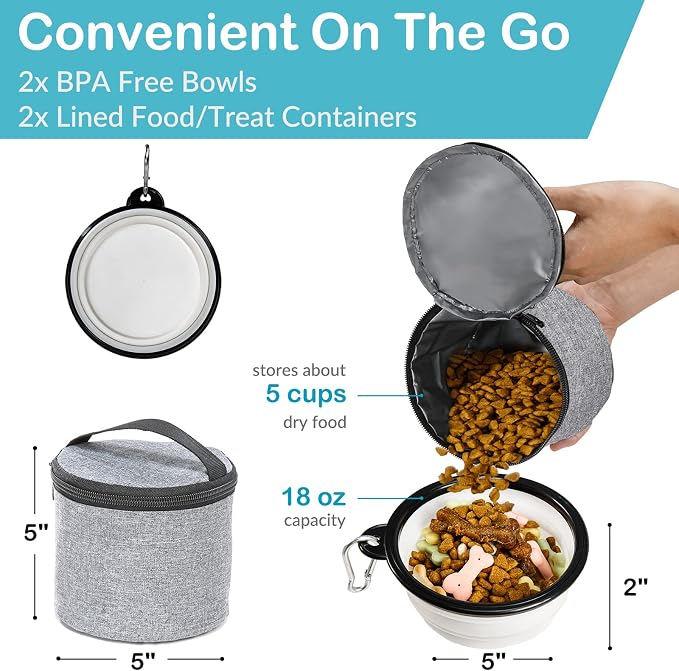 Dog Travel Bag with Treat Pouch, Airline Approved, 2 Food Containers, 2 Bowls，Grey，Small