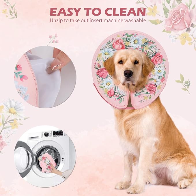 IEUUMLER Inflatable Recovery Dog Cone Collar, Neck Donut Protective ECollar, Adjustable Soft Collar for Dog and Cat After Surgery Prevent from Biting & Licking EU020 Floral Wreath L