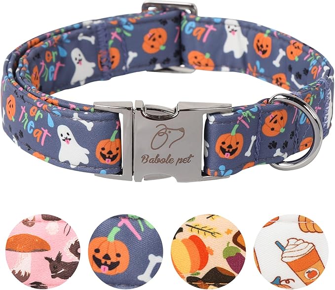 Halloween Dog Collar for Small Dogs - Cute Halloween Ghost Pumpkin Dog Collars, Adjustable Heavy Duty Pet Holiday Collar with Metal Buckle S