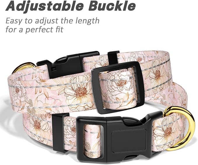 Reflective Dog Collar for Small Dogs, Cute Flower Theme Adjustable Heavy-Duty Nylon Puppy Collar for Boy and Girl Female, Soft Pet Accessories with Quick Release Buckle, Neck 10-16", Pink