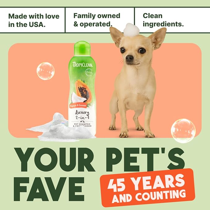 TropiClean 2-in-1 Dog Shampoo and Conditioner, Professional Dog Shampoo, Moisturizing Detangler, Puppy Safe, Made in USA, Papaya Scent, 1 Gallon