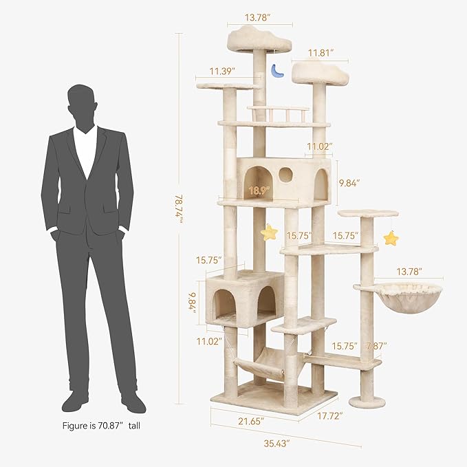 Meecal 79inch Heavy Duty Cat Tree for Indoor Cats Large Adult, Tall Giant Cat Tower with Scratching Post, Large Perches, Cozy Cat Condos & Hanging Hammocks, Beige