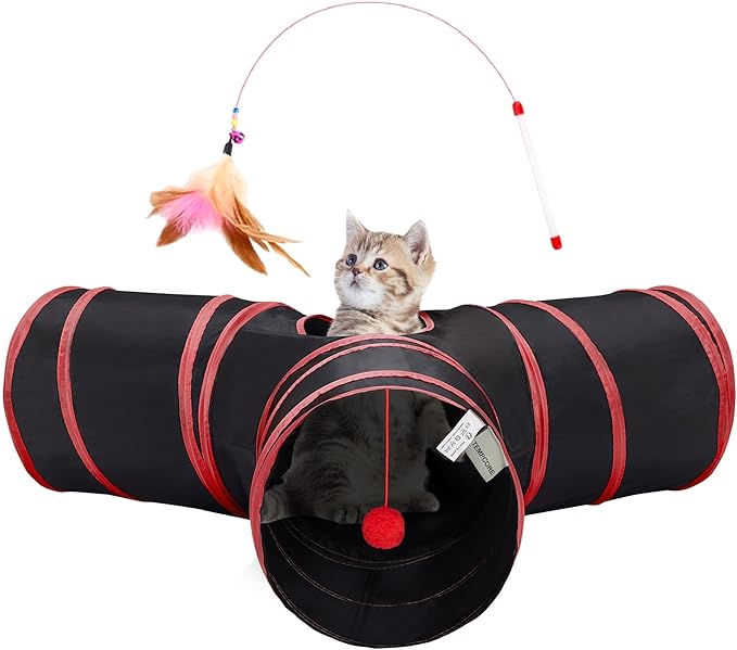 Tempcore Cat Tunnel for Indoor Cats, 3 Way Collapsible Pet Play Tunnel with Teaser Wand, Peek Holes & Hanging Ball, Interactive Tube for Kittens & Rabbits, Black & Red