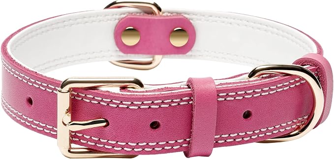 Dog Collar,Genuine Leather Heavy Duty Dog Collar for Small, Medium,Large and Extra Large Dogs (L: 1.2" Wide for 16.2"-22" Neck,Dual Stitch - Pink)
