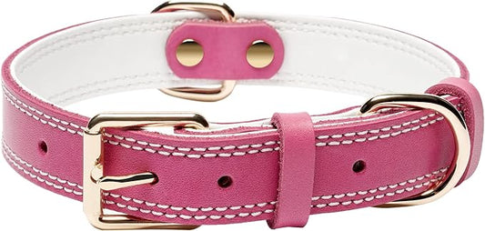 Dog Collar,Genuine Leather Heavy Duty Dog Collar for Small, Medium,Large and Extra Large Dogs (L: 1.2" Wide for 16.2"-22" Neck,Dual Stitch - Pink)