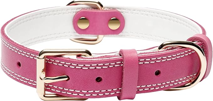 Genuine Leather Dog Collar, Heavy Duty Wide Dog Collar for Small, Medium,Large Dog and Extra Large Dog (S: 0.8" Wide for 13.4"-15.8" Neck, Dual Stitch - Pink)