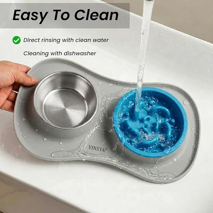 YINEYA 3 in 1 Slow Feeder Dog Bowls & Stainless Steel Food and Water Bowl with Non-Spill Dog Bowl Mat, Anti-Choking Puppy Bowls, Floor Safe & Easy Clean for Large Medium Small Dogs Cats