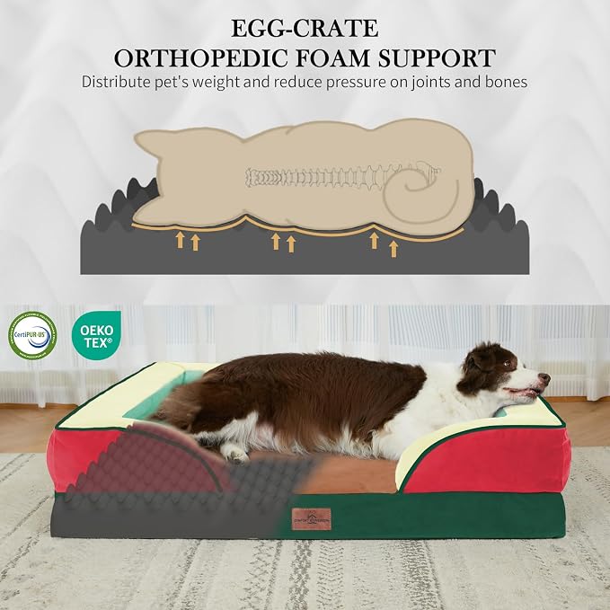 Comfort Expression Orthopedic Dog Bed for Extra Large Dogs 42x30 Inch, Waterproof Egg Crate Foam XL Pet Bed with Bolsters, Dog Couch with Washable Cover & Non-Slip Bottom, Watermelon Mist
