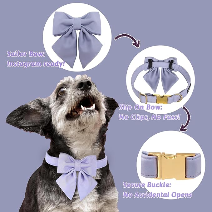 Maca Bates Violet Dog Collar with Cute Lavender Solid Sailor Bow Tie,Small Girl Boy Dogs,Girly Adjustbale Durable Breakaway Soft Collars with Bowtie for Female Male Puppy,Pet with Metal Buckle