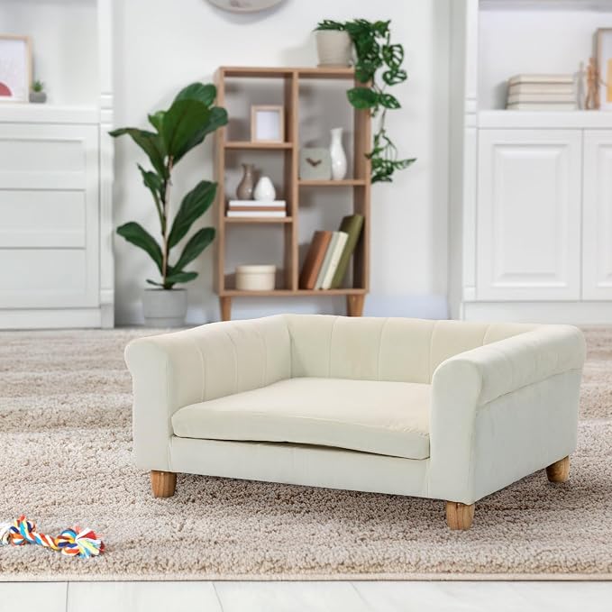 CRITTER SITTERS 33” Faux Suede Ped Bed in Cream, Durable Washable Sofa Couch for Small & Medium Cats & Dogs, Must Have Accessory for Yorkies, Shih Tzus & Frenchies, Kitten & Puppy Essential Furniture