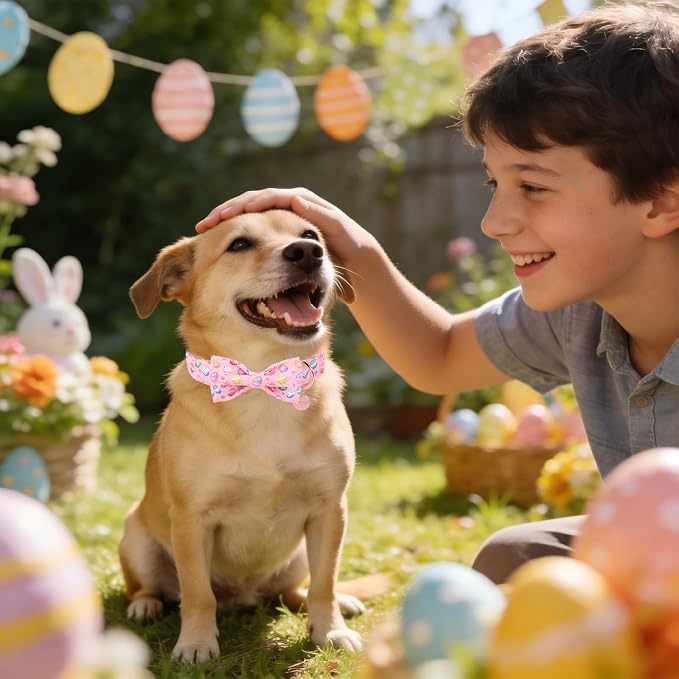 Easter Day Dog Collar with Bow, UP URARA PUP Easter Eggs Adjustable Pet Collar Bowtie with Metal Buckle, Colorful Eggs Cotton Dog Collars for Small Medium Large Dogs, XL