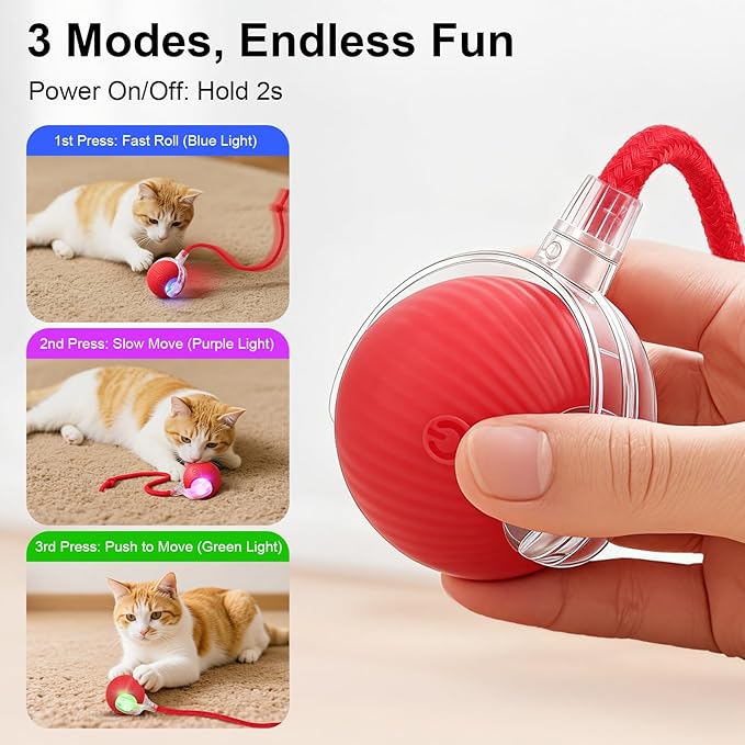 Smart Interactive Automatic Electric Rolling Moving Rechargeable Motion Activated Self Solo Play Electronic Stimulation Chase Teaser Ball Toy with Rope for Indoor Bored Adult Cat and Dog, Red