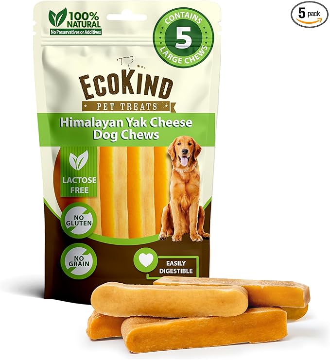 EcoKind Yak Cheese Himalayan Dog Chews, Yak Chews for Large Dogs, Long Lasting Bone for Aggressive Chewers, Only 3 Ingredients, Natural High Protein Treats, No Additives, Lactose Free, Large - 5 Chews