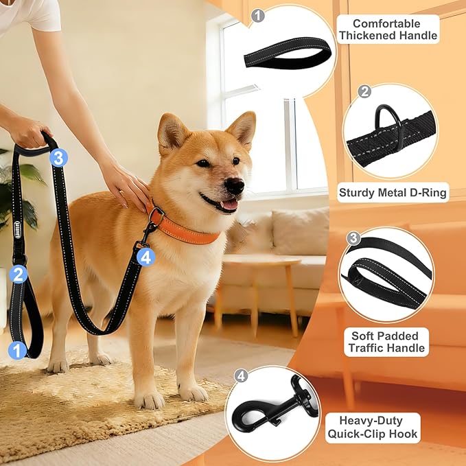 Heavy Duty Dog Leash with 2 Comfortable Padded Handles, 6 FT Traffic Handle Extra Control, Highly Reflective Threads Leash for Small/Medium/Large Dogs (Black)