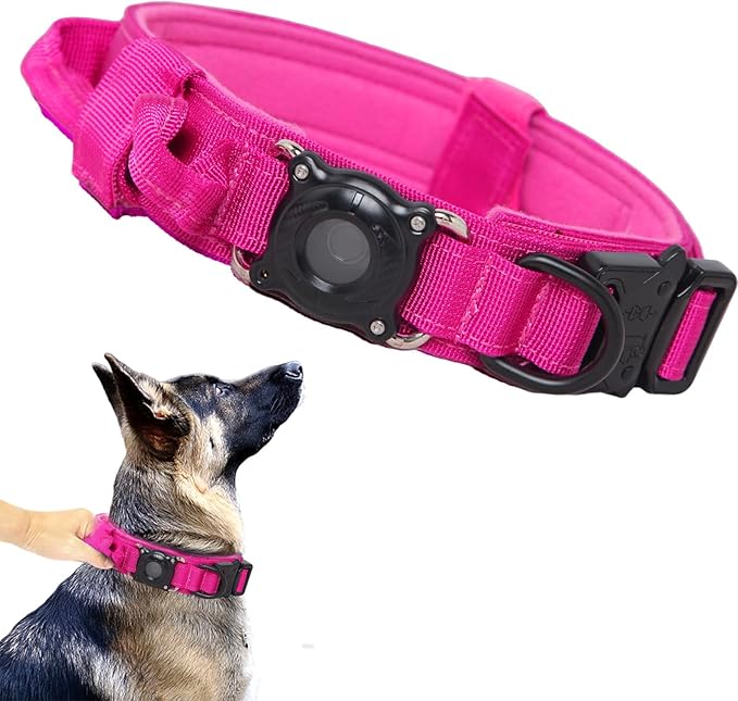 Upgraded AirTag Dog Collar,Waterproof Tactical Dog Collar with AirTag Holder, Control Handle and Metal Buckle,Heavy Duty Dog Collars for Large Dogs (Rose Red，M
