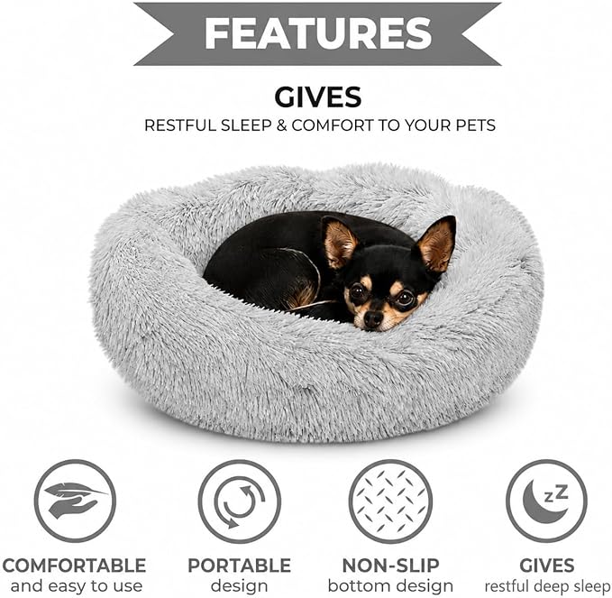 Whiskers & Friends Cat Beds for Indoor Cats, Fluffy Calming Donut Cat Bed, Small Dog Bed Washable - Orthopedic Soft Plush Pet Beds Sized for Kitten to Large Cats & Puppy to Small Dogs, Light Grey 20''