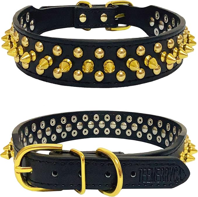 TEEMERRYCA Black Leather Dog Collar with Gold Spikes for Small Medium Large Pets,Pit Bulls/Bulldog, Keep Dog Safe from Grabbing by Huge Dogs,S(10.8"-13.2")