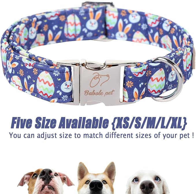 Easter Dog Collar, Cute Easter Bunny Eggs Pet Collar with Metal Buckle, Durable Adjustable Holiday Dog Collars for Small Medium Large Dogs L
