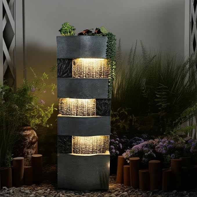 Sunlinua 40.5" H Modern Outdoor Water Fountain with LED Lights – Tall Garden Waterfall Fountain for Patio, Yard, Landscape or Indoor Decor, 4 Tiers Floor Standing Waterfall Outdoor Fountains