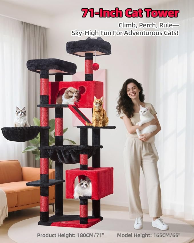 Taoqimiao Gothic Cat Tree 71-Inch, Cat Tower for Indoor Cats Large Adult, Multi-Level Large Cat Condo, 8 Sisal Scratching Posts, Metal Frame Cozy Hammock, Scratch Board, 2 Top Perches, MS026LBR