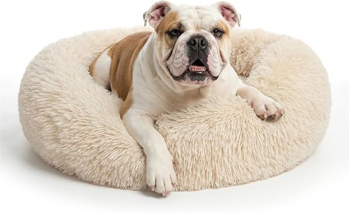 Calming Dog Bed for Medium Dogs Washable Donut 30 inches Anti-Slip Pet Bed,Round Fluffy Plush Faux Fur Cat Bed,Fits up to 45 lbs Pets,Beige