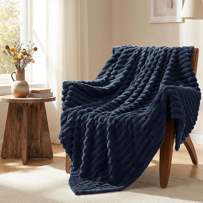 HIMEET Fleece Navy Blue Throw Blanket for Bed - 300GSM Ribbed Soft Cozy Blanket for Couch, Graduation Birthday Gifts for Women Men Dad, College Dorm Essentials Minimalist Room Throws, 50x60 Inches