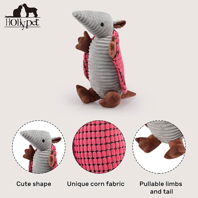 Hollypet Plush Dog Squeaky Toy Stuffed Armadillo Animal Pet Puppy Chew Toys with Clean Teeth for Small Medium Large All Breed Sizes Dogs, Bright Pink,10 in