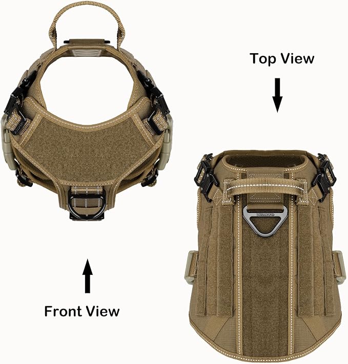 ICEFANG Tactical Dog Harness, Medium Size,2X Metal Buckle,Working Dog MOLLE Vest with Handle,No Pulling Front Leash Clip,Hook and Loop Panel (Brown,M (Pack of 1))