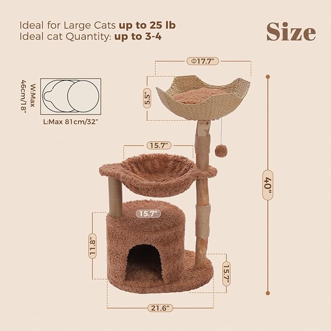 MUTTORS Modern Cat Tree for Indoor Cats, 40 Inches Natural Solid Wood Cat Tower for Large Cats, Aesthetic Cat Furniture with Top Rattan Basket, Hammock & Scratching Post, Brown