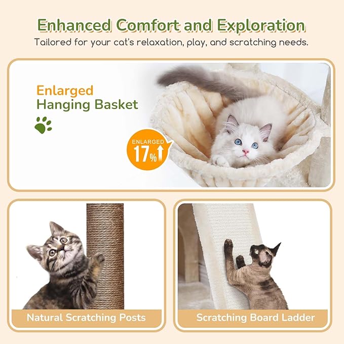 Globlazer Heavy Duty Cat Tree for Indoor Cats Large Adult, F52B, Beige | 3 Condos, Extra-Large Baseboard, Removable Top Perch, 4 Sisal Posts & Board, Hanging Basket, Anti-Topple Strap, Easy Setup