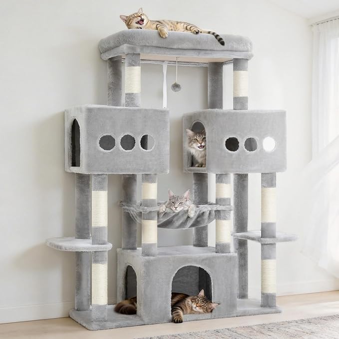 Hey-brother Cat Tree Tower, Large Sisal Scratching Posts with Big Platform, 3 Spacious Condos, Plush Hammock, Toy, 57.5 Inches Multi-Level Furniture for Indoor Adults Maine Coon, Light Gray MPJ083W