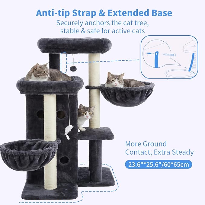 Heybly Cat Tree with Reinforced Big Base, 41.3-Inch Sturdy Cat Tower for Indoor Cats Featuring 2 Roomy Platforms, Double Cat Condo, 2 Cozy Baskets, Full Sisal Scratching Posts, Smoky Gray HCT075G