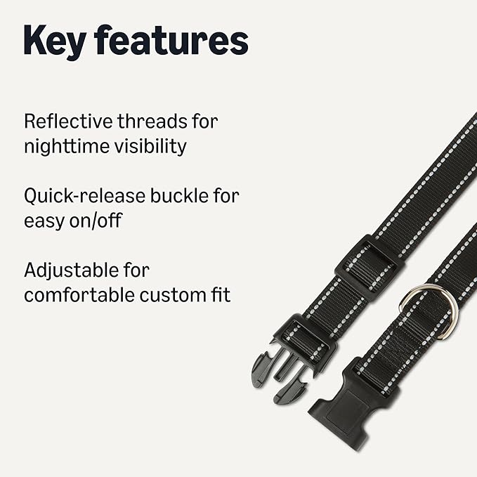 Amazon Basics Reflective Polyester Dog Collar, Adjustable Length 21"-37", 1.4" W, Quick-Release Buckle for Easy On/Off, Extra Large, Black