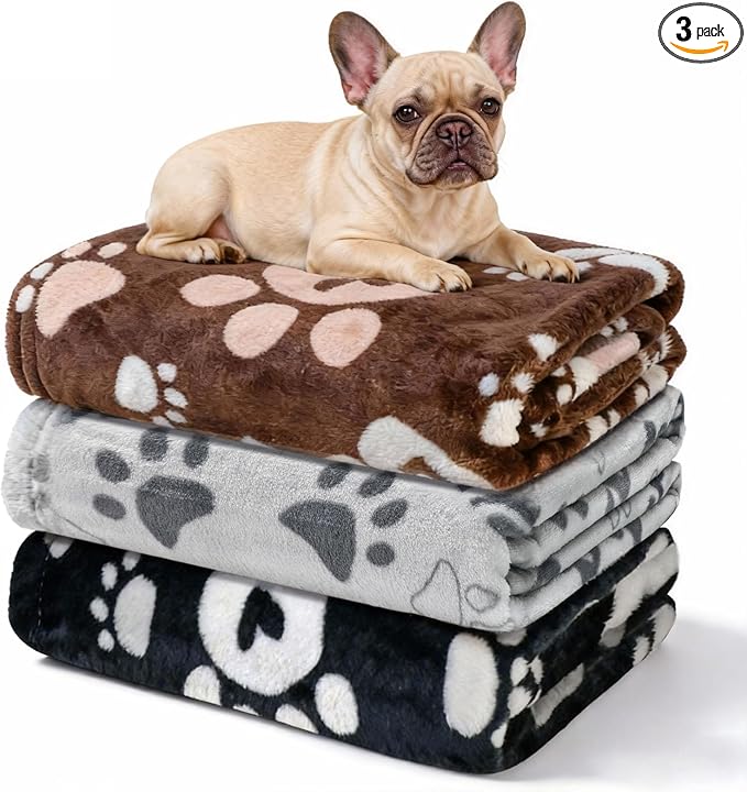 Premium Dog Blankets for Small Dogs & Cat Flannel Blanket Washable, Soft Pet Throw Cover for Kennel Crate Bed, Cute Paw Pattern, 31x23 inch,Black/Grey/Brow