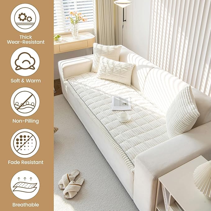 OTOB Dog Couch Covers for 3 Cushion Washable Non Slip Plush Pet Friendly Bed Mat Sofa Cover for Dogs, All Seasons Cozy Soft Fuzzy Furniture Protector Sofa Slipcovers (Cream, 27.6" x 59.1")