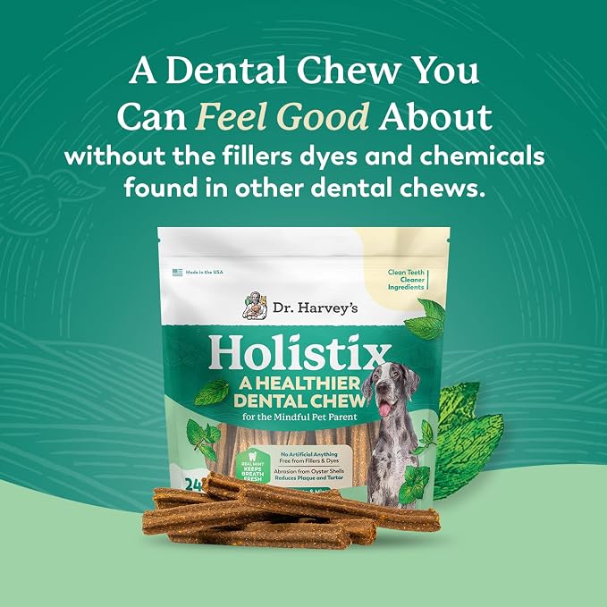 Dr. Harvey's Holistix Dental Chews for Dogs - Healthy Dog Teeth Cleaning & Fresh Breath Treats, Mint, Sweet Potato, Dried Kelp, Oyster Shells (24 Sticks)