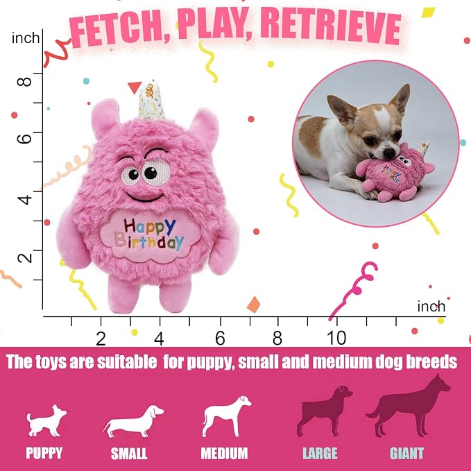 Plush Dog Birthday Toy for Girl Boy Gifts, Crinkle Squeaky Dog Toy Keep Them Busy Tug of War Stuffed Dog Chew Toy for Small Medium Large Dogs (Pink)