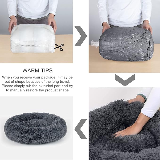 Dog Bed, Cat Calming Bed, Faux Fur Pillow Pet Donut Cuddler Round Plush Bed for Large Medium Small Dogs and Cats (Dark Grey, 23.0" L x 23.0" W x 7.0" Th)